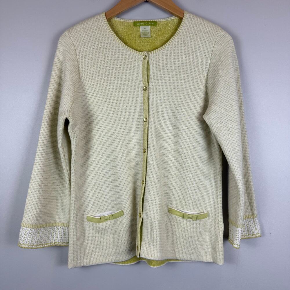 Sigrid Olsen Cardigan Sweater Womens M Light Green Button Front Cottage Preppy